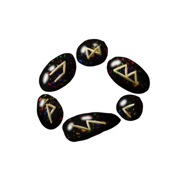 This fine rune set hails from Eldathren, gilded gold lettering carved intricately into polished Black Opal. The stone itself is often praised for its healing properties, relieving the body and soul of stress.