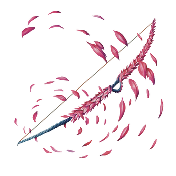 Airi's Windfall is a longbow uniquely manipulated from the remnants of Evergreen. Much of its ornate structure was formed out of decoratively entwined bark, forever engulfed in brilliant pink blooms.