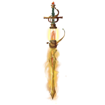 At the simple pull of a lever, when fueled by a Valik shard, the blade becomes engulfed in a fiery vortex with little to no magic involved.